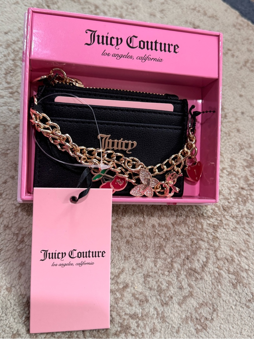 Juicy Couture Black Card Case / Holder with Gold Chain and Pink/Red Charms